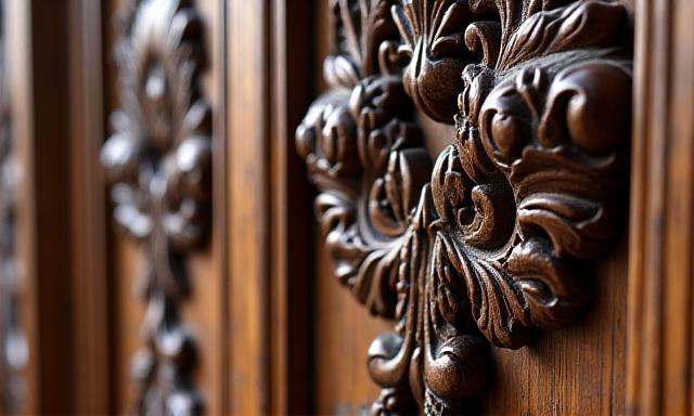 Detailansicht einer kunstvoll handgeschnitzten Holztür mit floralen Motiven