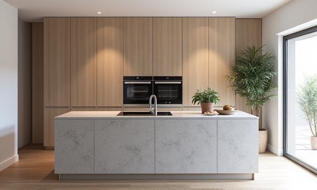 Moderne Einbauküche mit hellen Holzfronten und Steinplatte