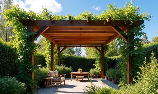 Robuste Holzpergola im Garten mit Kletterpflanzen